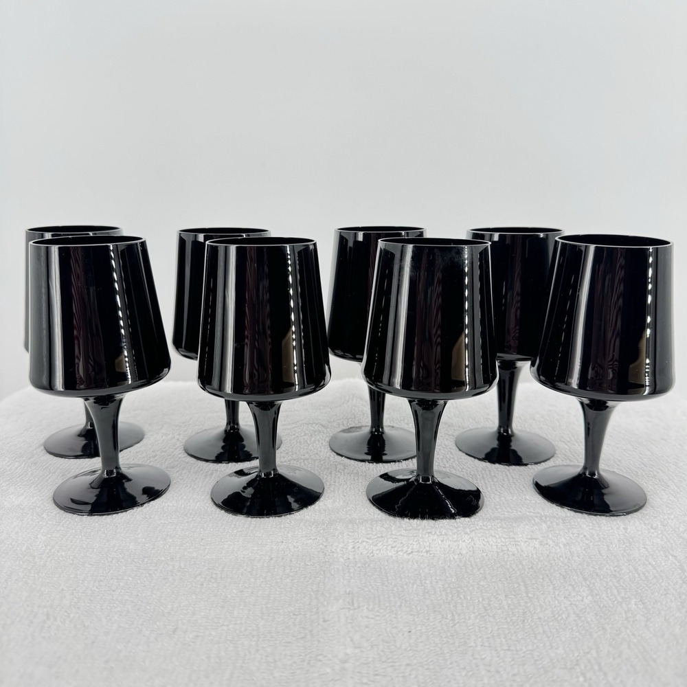 Vtg MCM Gorham Verve Jet Black Crystal Wine Goblets Glasses Germany Set Of 8
